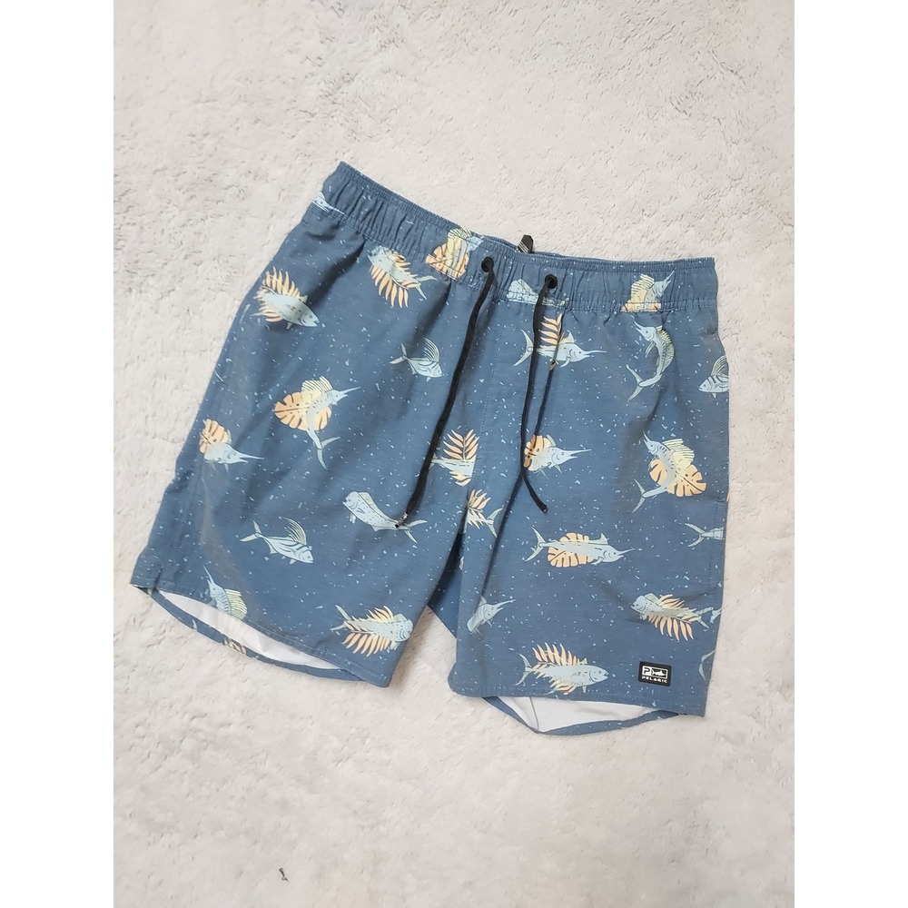 Pelagic Shorts Mens Medium Fish Print Blue Hybrind Drawsting Elastic Waist Tuna